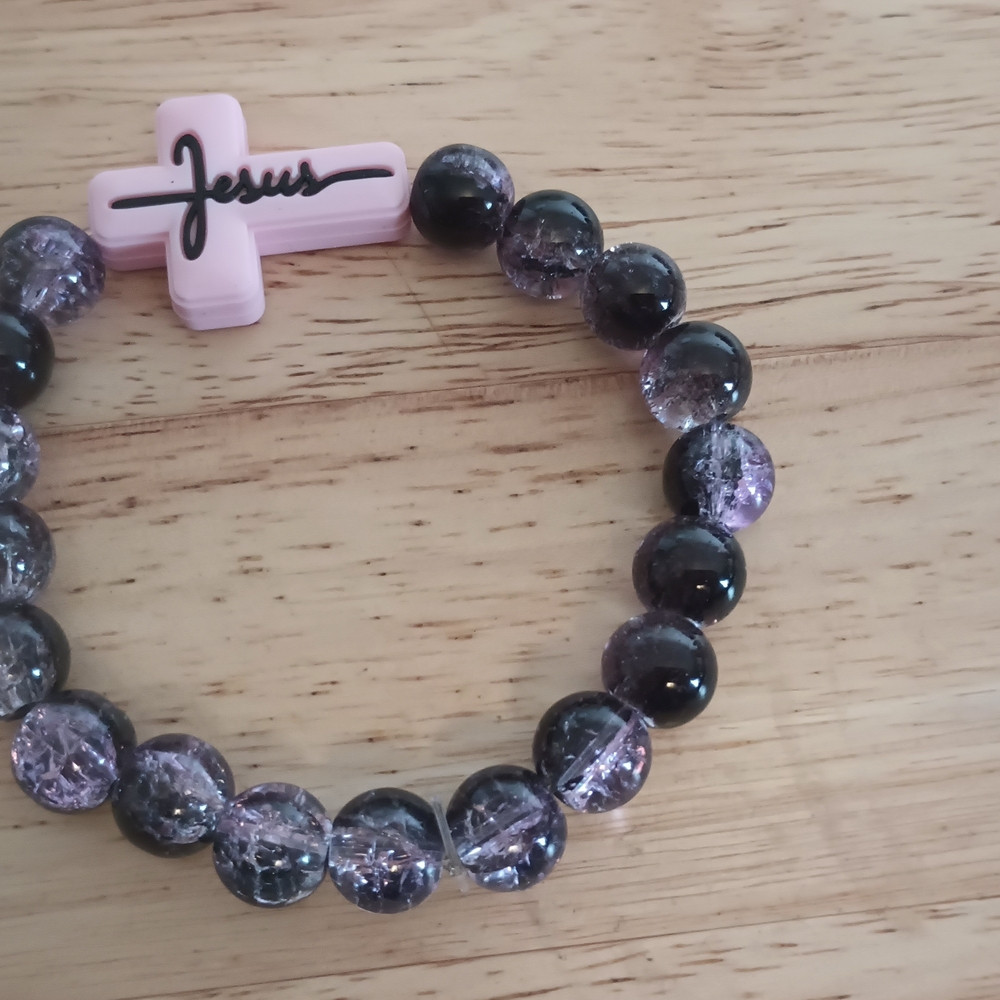 Purple and Black Beaded Bracelet with Cross